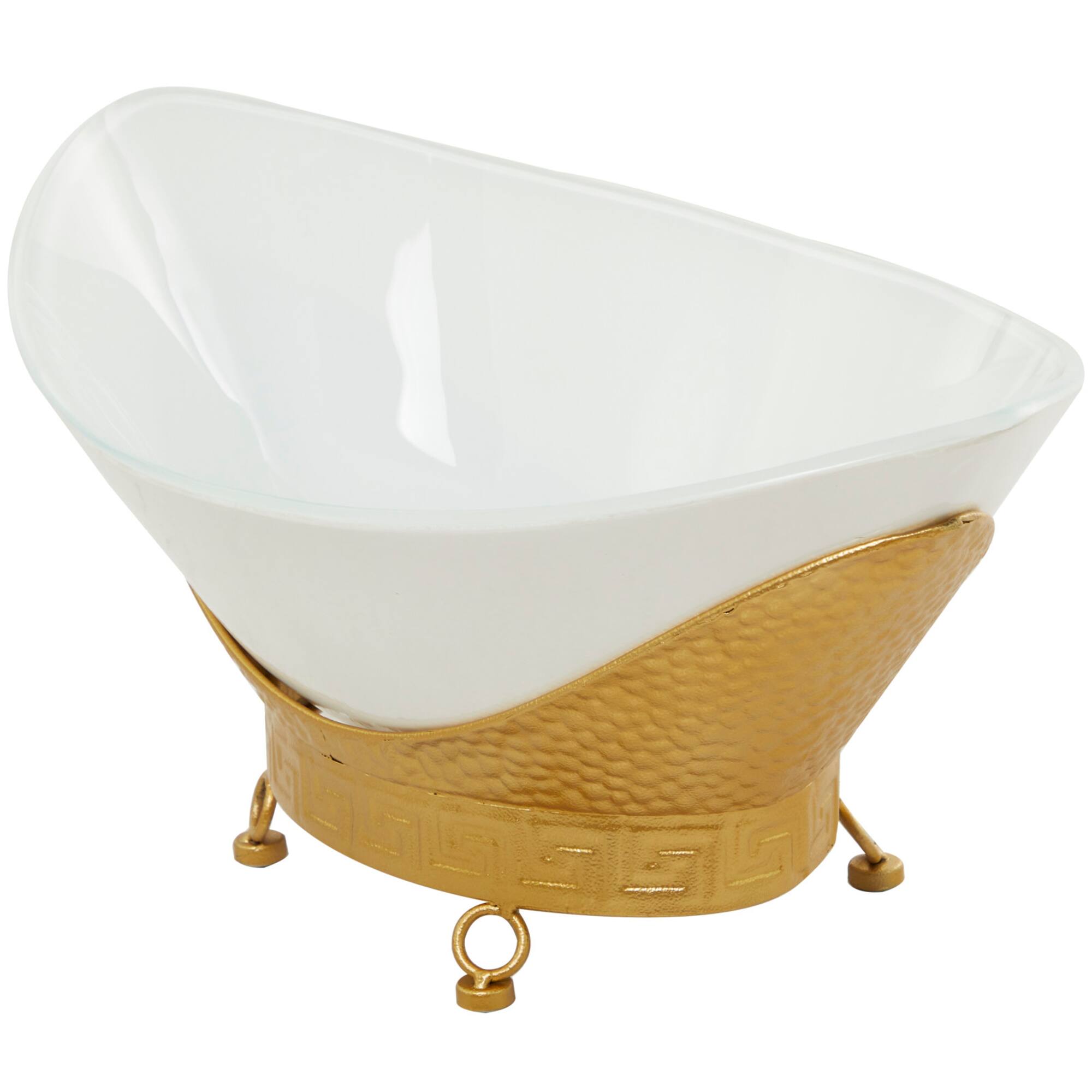 CosmoLiving by Cosmopolitan 23" White Glass Hammered Kitchen Serving Bowl with Gold Metal Stand